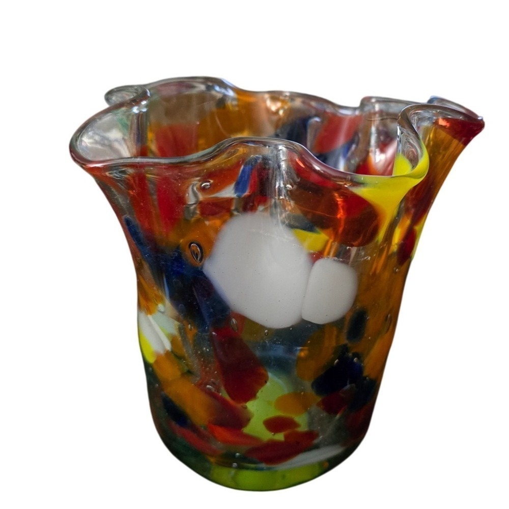 Art Glass Handkerchief Vase Hand Blown‎ Confetti Multi Color Ruffled Rim 4.5in - Picture 5 of 7